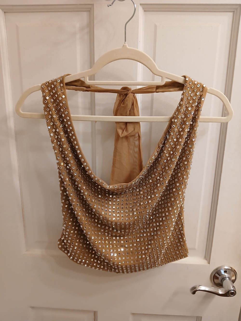 Windsor Tan Beadazelled Halter Cowl Neck Camisole